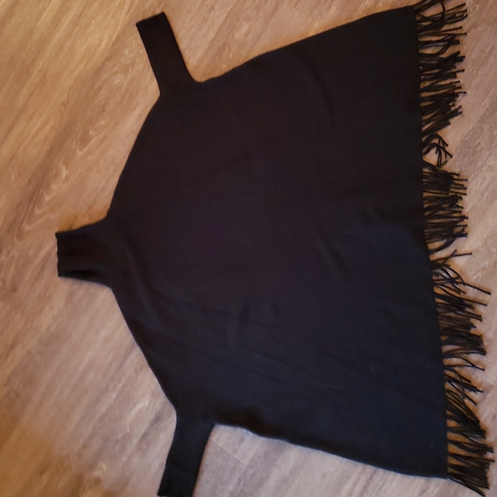 Sm/med black, fringe turtle neck ponch sweater.